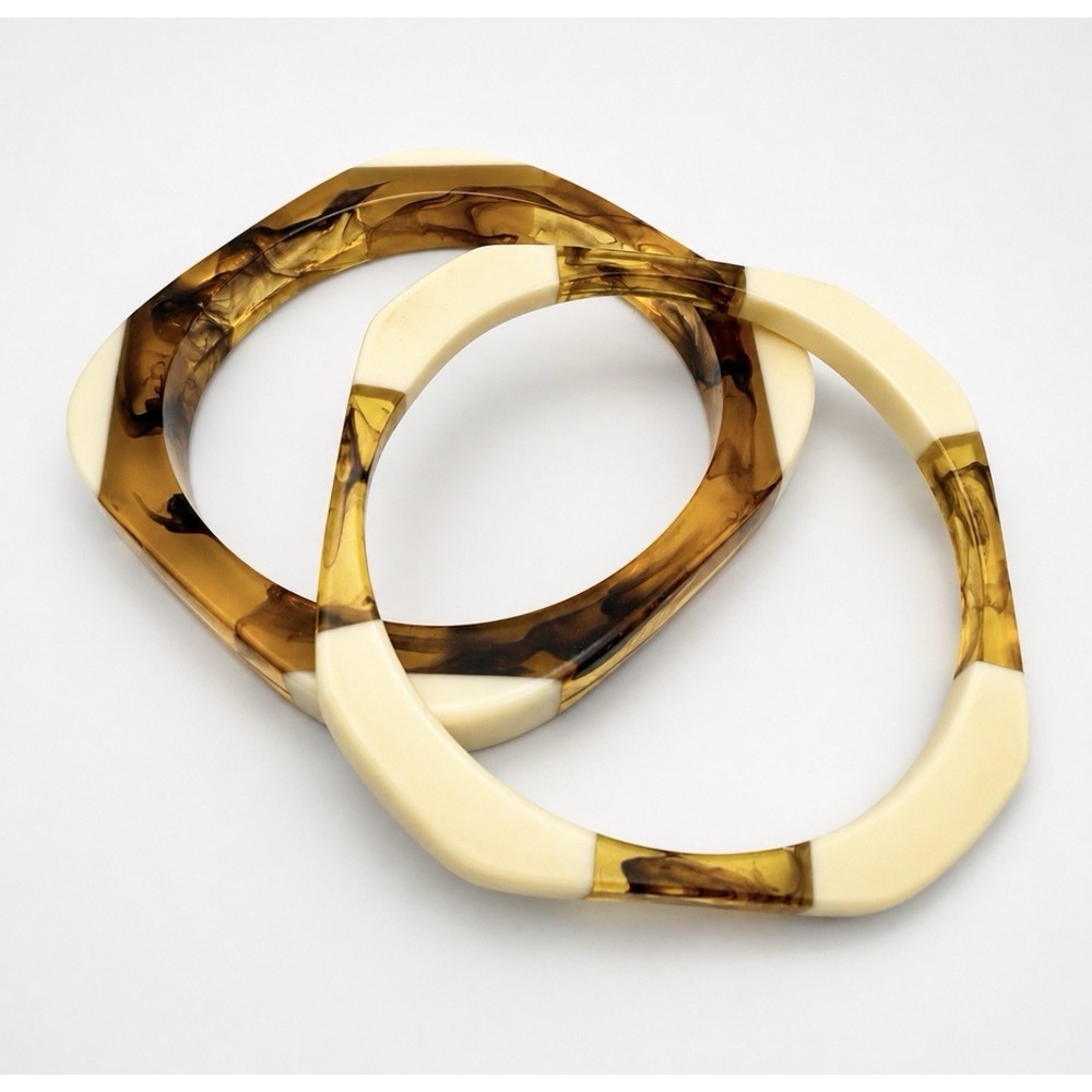 Vtg Faux Ivory & Tortoise Shell Lucite Stacking Bangle Bracelets Set 2 Japan